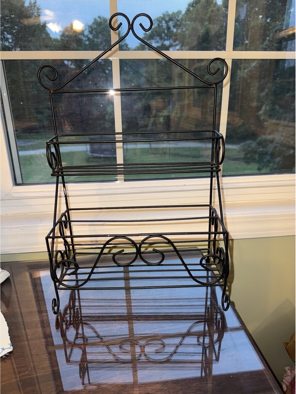 vintage,black wrought iron two-tier rack, sitting or hanging, MCM, country